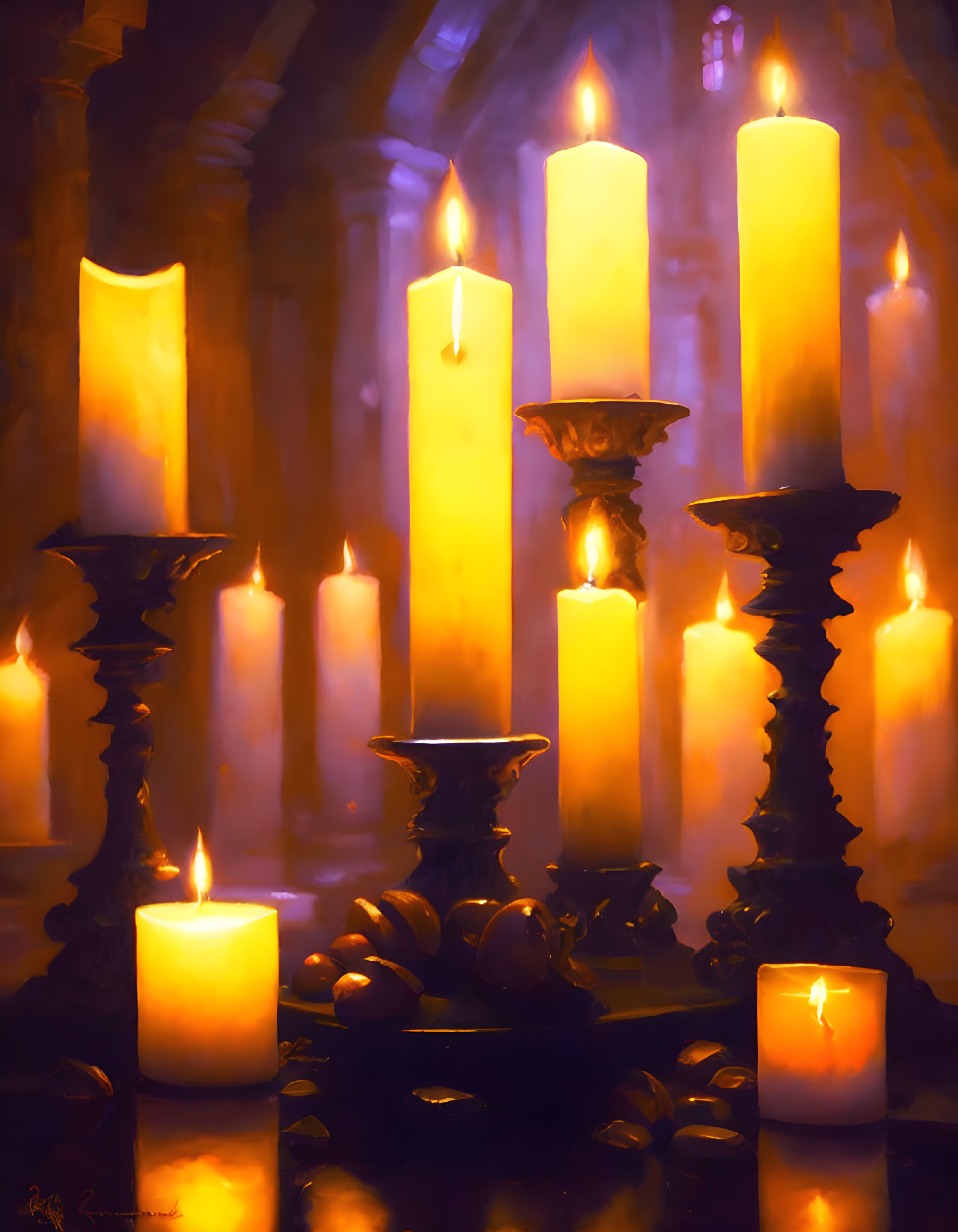 Assorted candle sizes on ornate candlesticks in dimly lit room