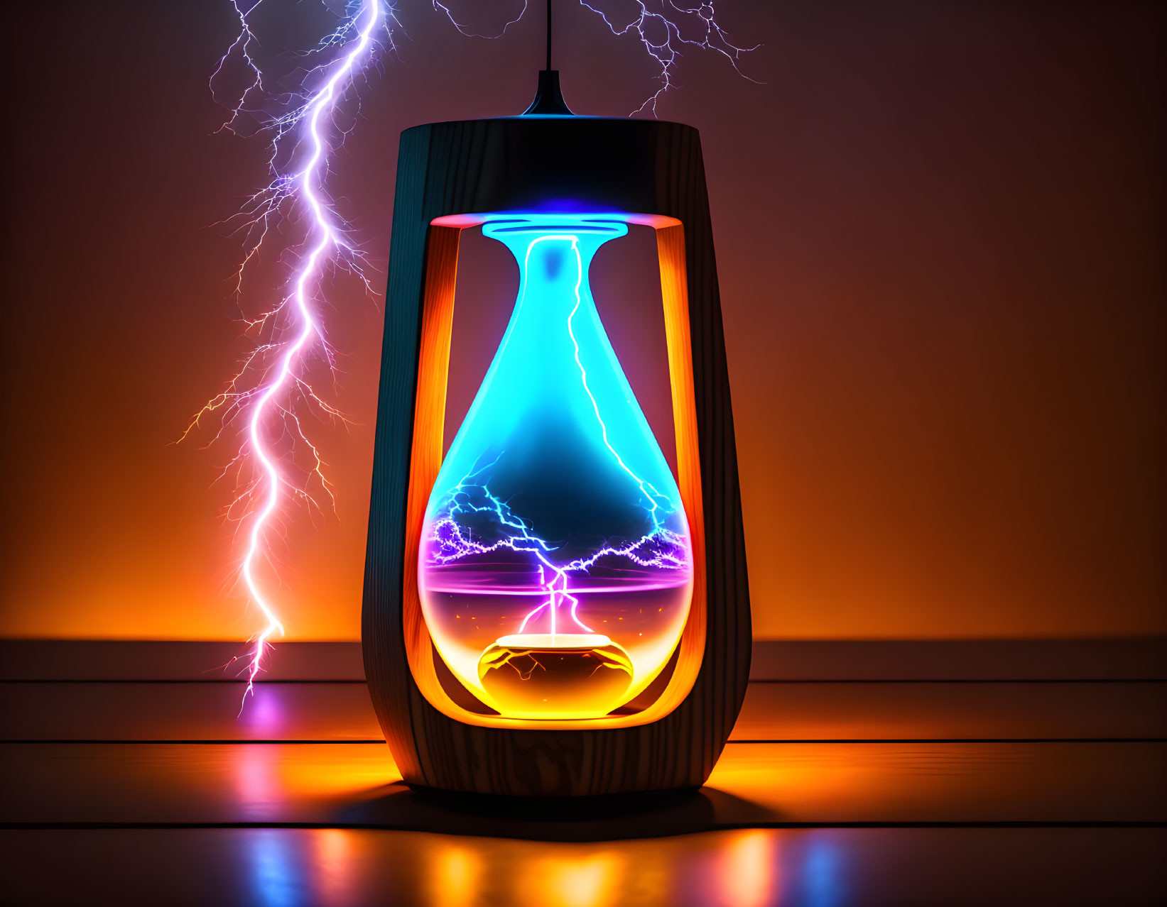 Plasma Lamp with Blue and Purple Electric Arcs in Dark Room