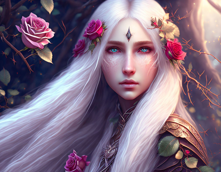 Fantasy illustration of figure with pale skin, white hair, third eye, pink roses, and vines