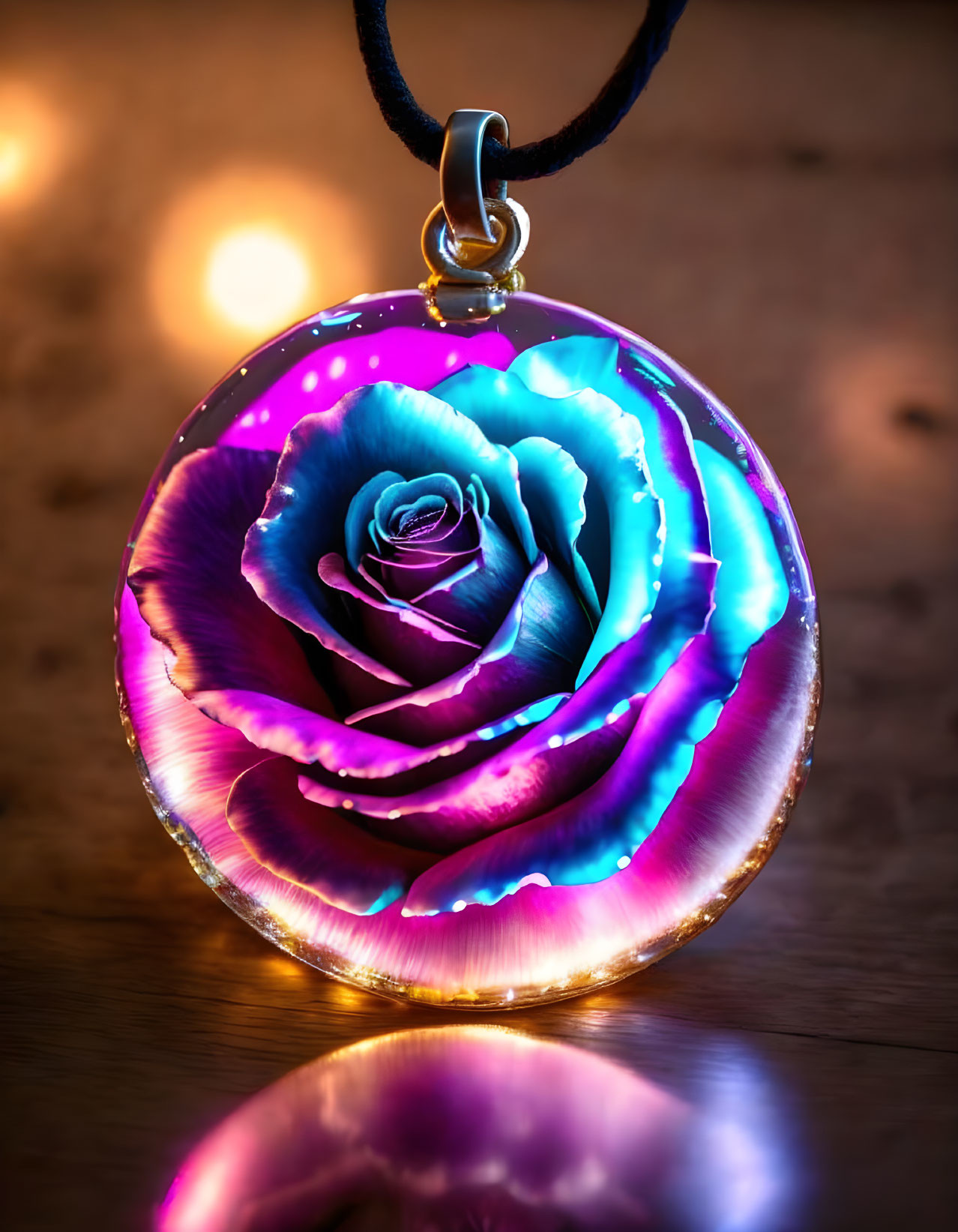 Luminous Purple and Blue Rose Pendant on Reflective Surface