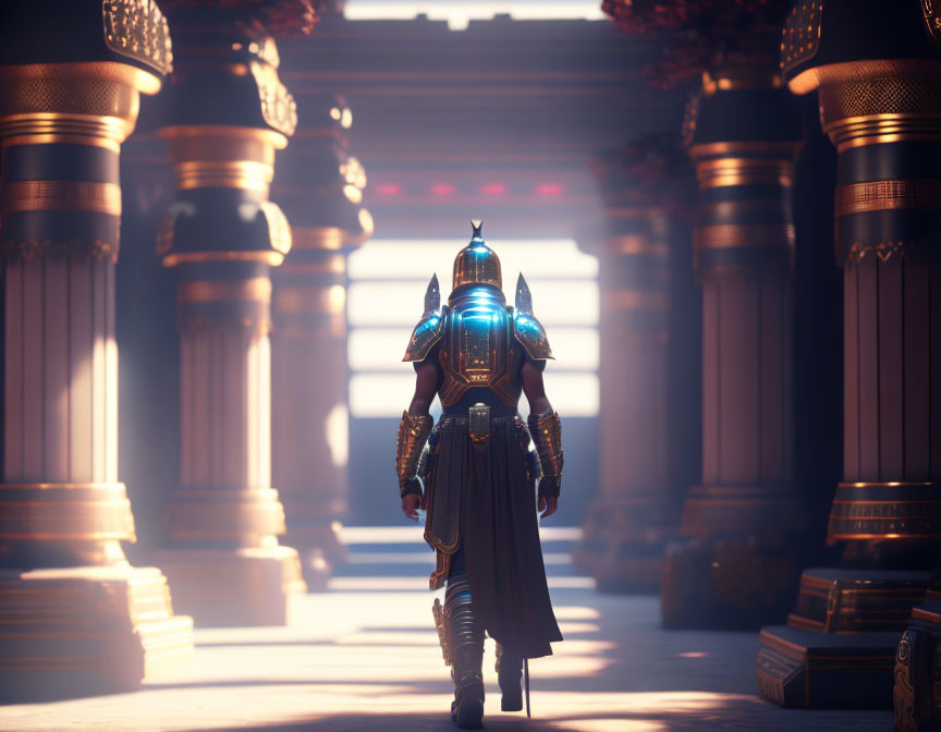 Figure in ornate armor strolls through grand hall with tall pillars