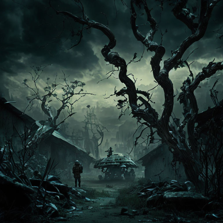 Dystopian scene: lone figure, armored vehicle, twisted trees, gloomy sky, derel