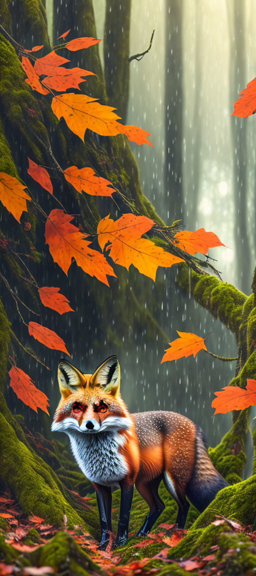 Red Fox in Mystical Forest with Autumn Leaves and Sunbeams