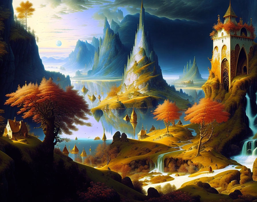 Fantasy landscape with castles, autumn trees, waterfalls, mountains, and moonlit lake