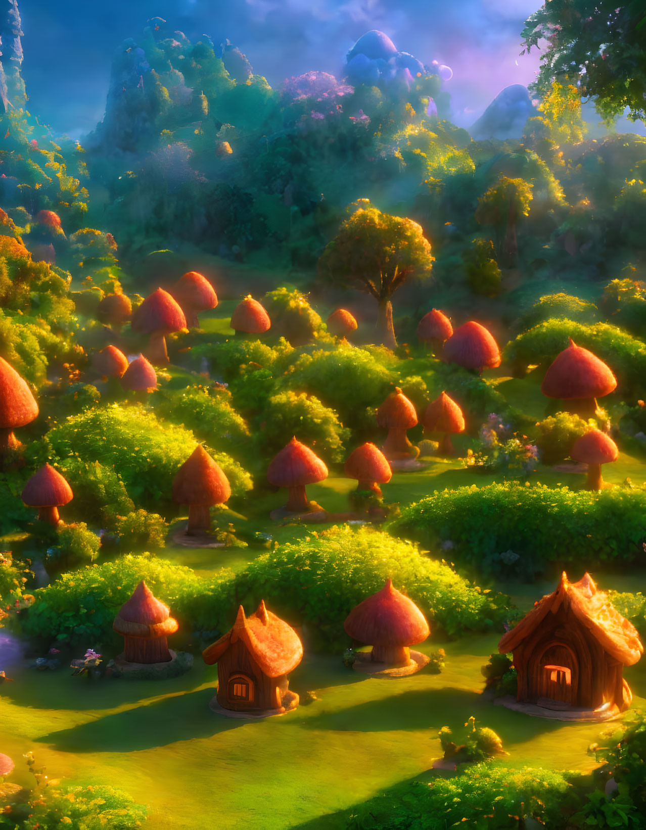 Enchanted Forest Glade with Mushroom-Shaped Houses