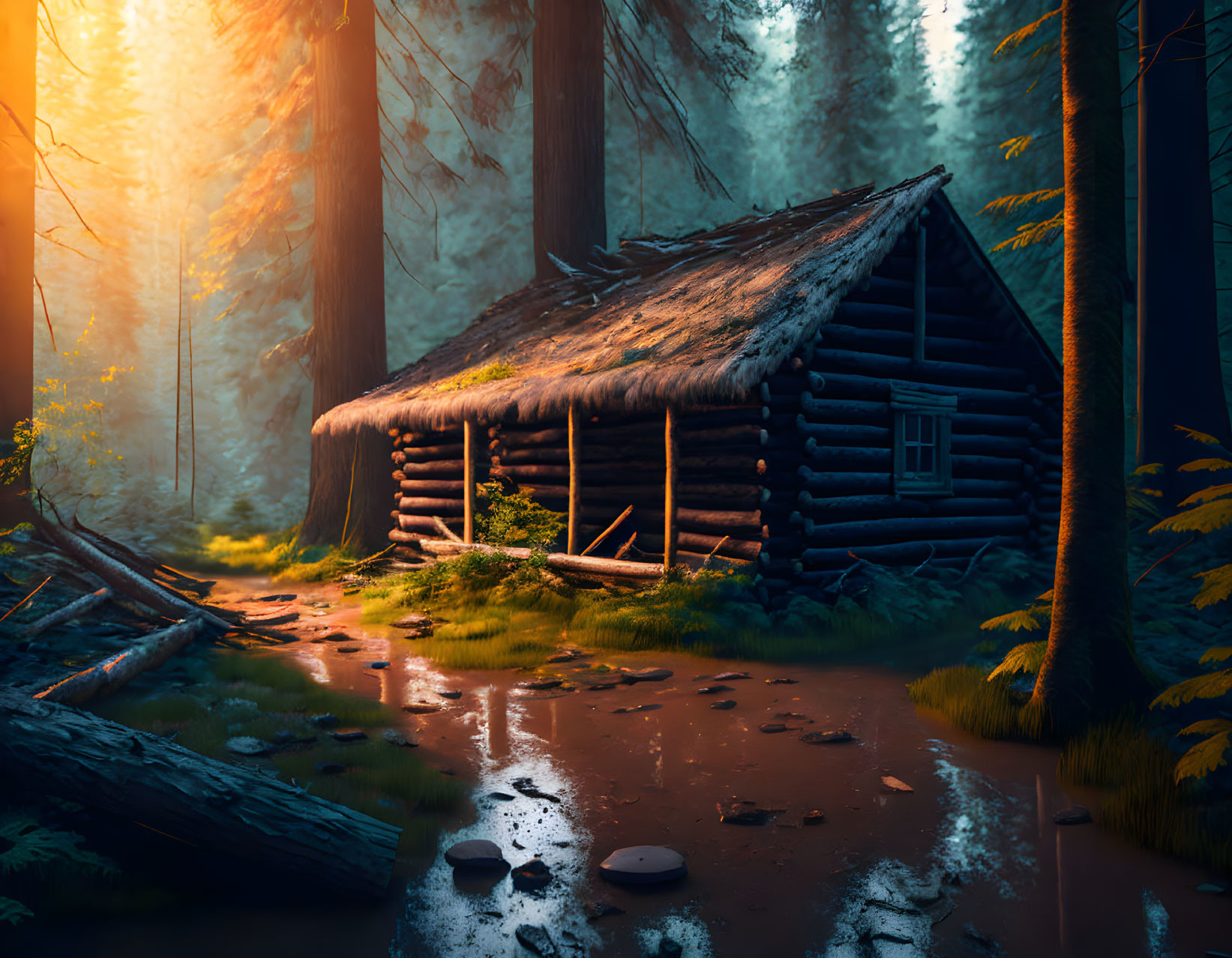 Tranquil forest landscape with moss-covered cabin and puddle-strewn path