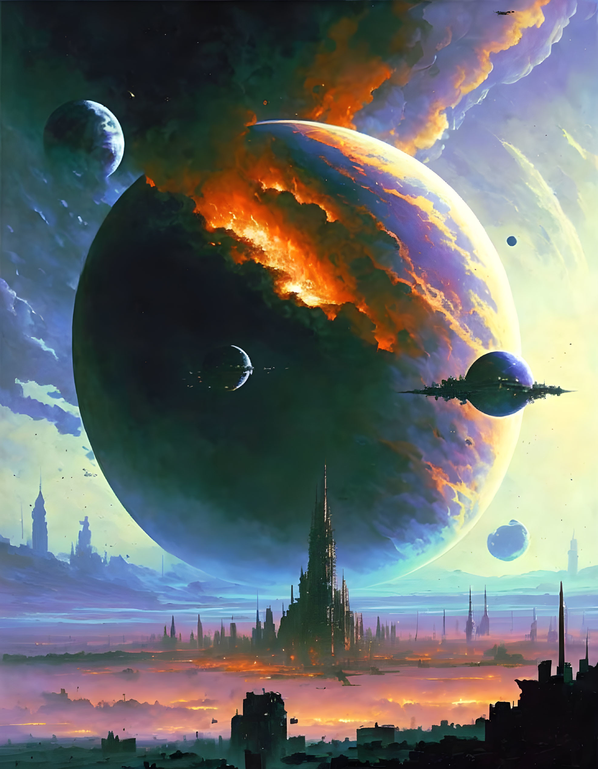 Futuristic cityscape with soaring spires under dramatic sky and multiple planets.