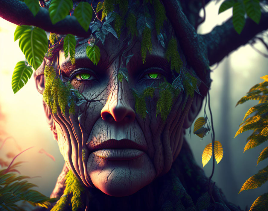 Humanoid Creature with Tree Bark Face and Green Leaves Portrait