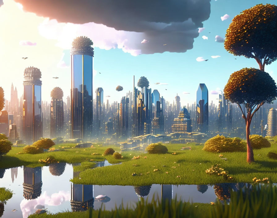 Futuristic cityscape with lush greenery and water bodies