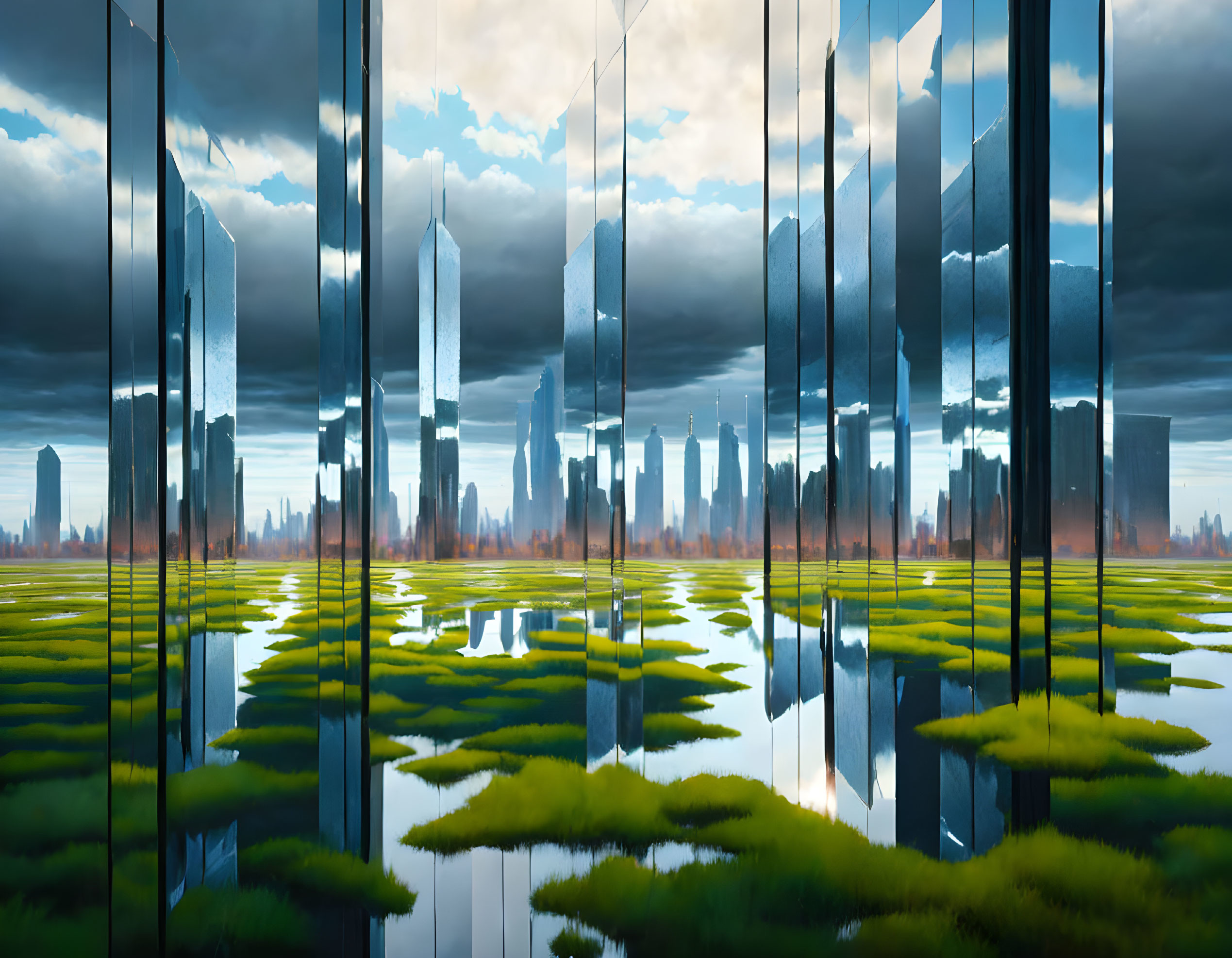 Dramatic sky reflects in skyscrapers above lush marsh.