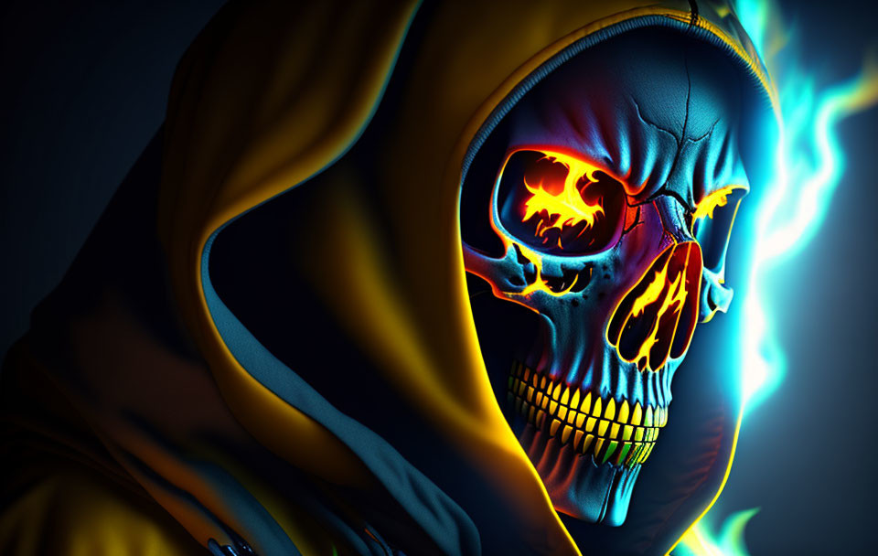 Digital Artwork: Skull with Glowing Eyes, Flames, and Electric Effects