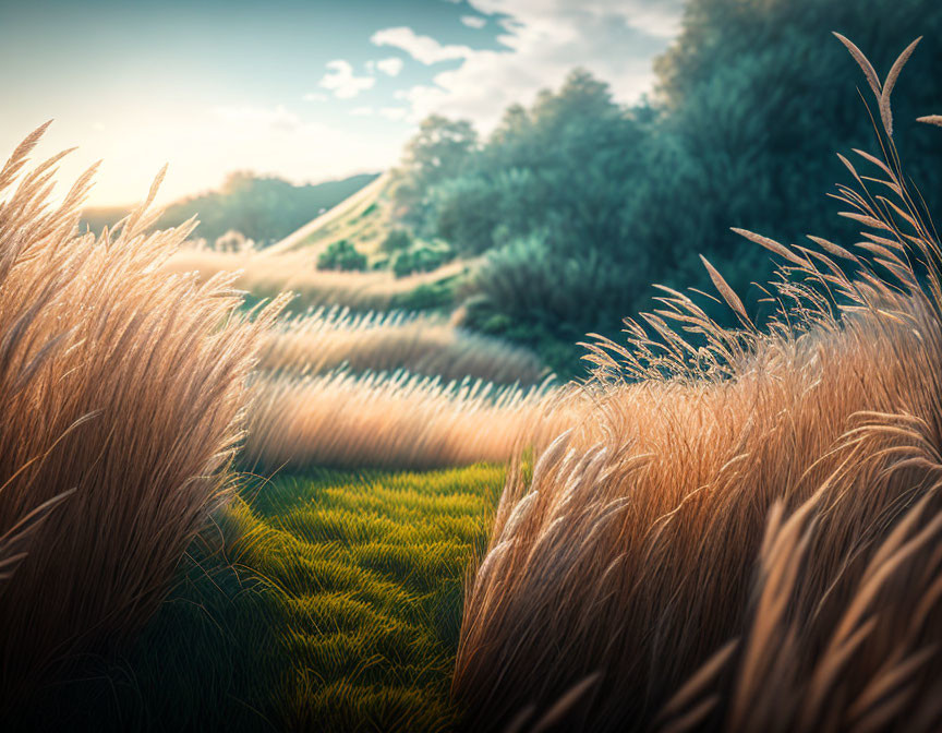 Tranquil rural landscape with golden wheat field, pathway, trees, and bushes