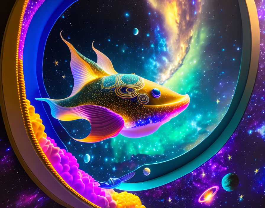 Colorful cosmic fish swimming in space with stars, planets, and galaxy.