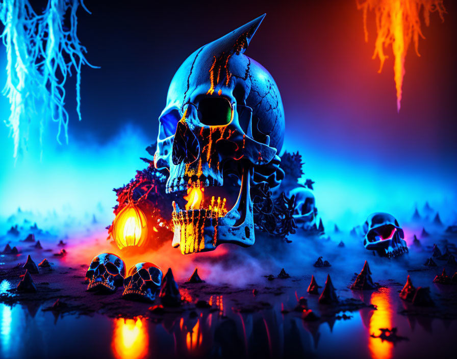 Skull with sunglasses in neon-lit scene with candles and fog