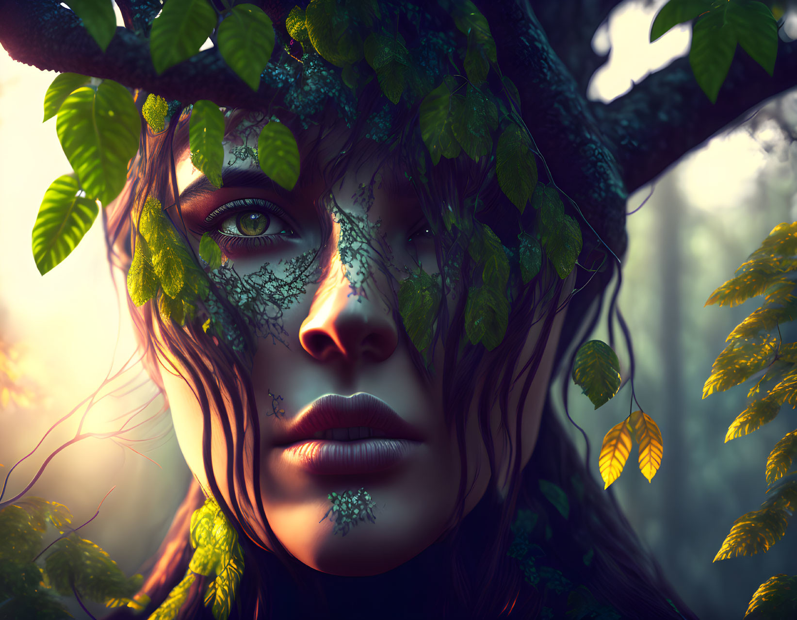 Close-up Portrait of Woman with Leafy Skin Patterns in Forest Setting