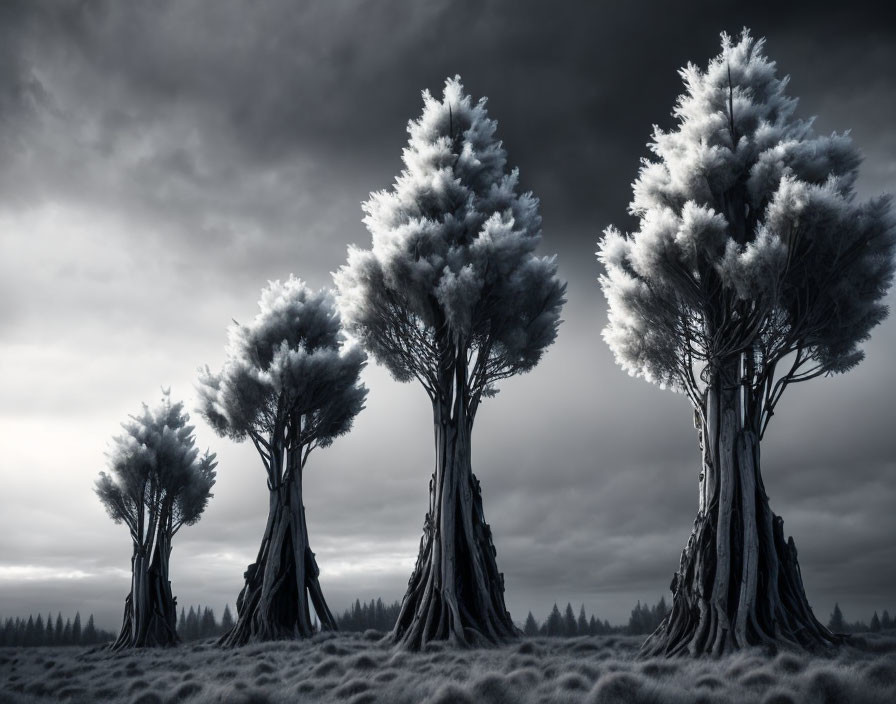 Monochrome image of dramatic sky over unique trees in serene landscape