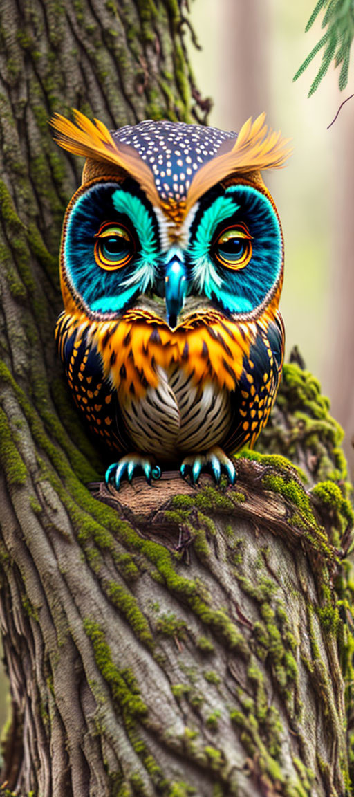 Colorful Stylized Owl Illustration on Mossy Tree Trunk