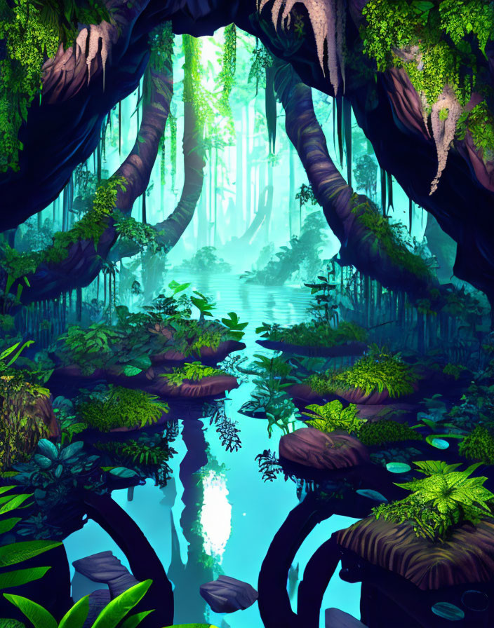 Mystical forest with twisted roots, greenery, river, and light