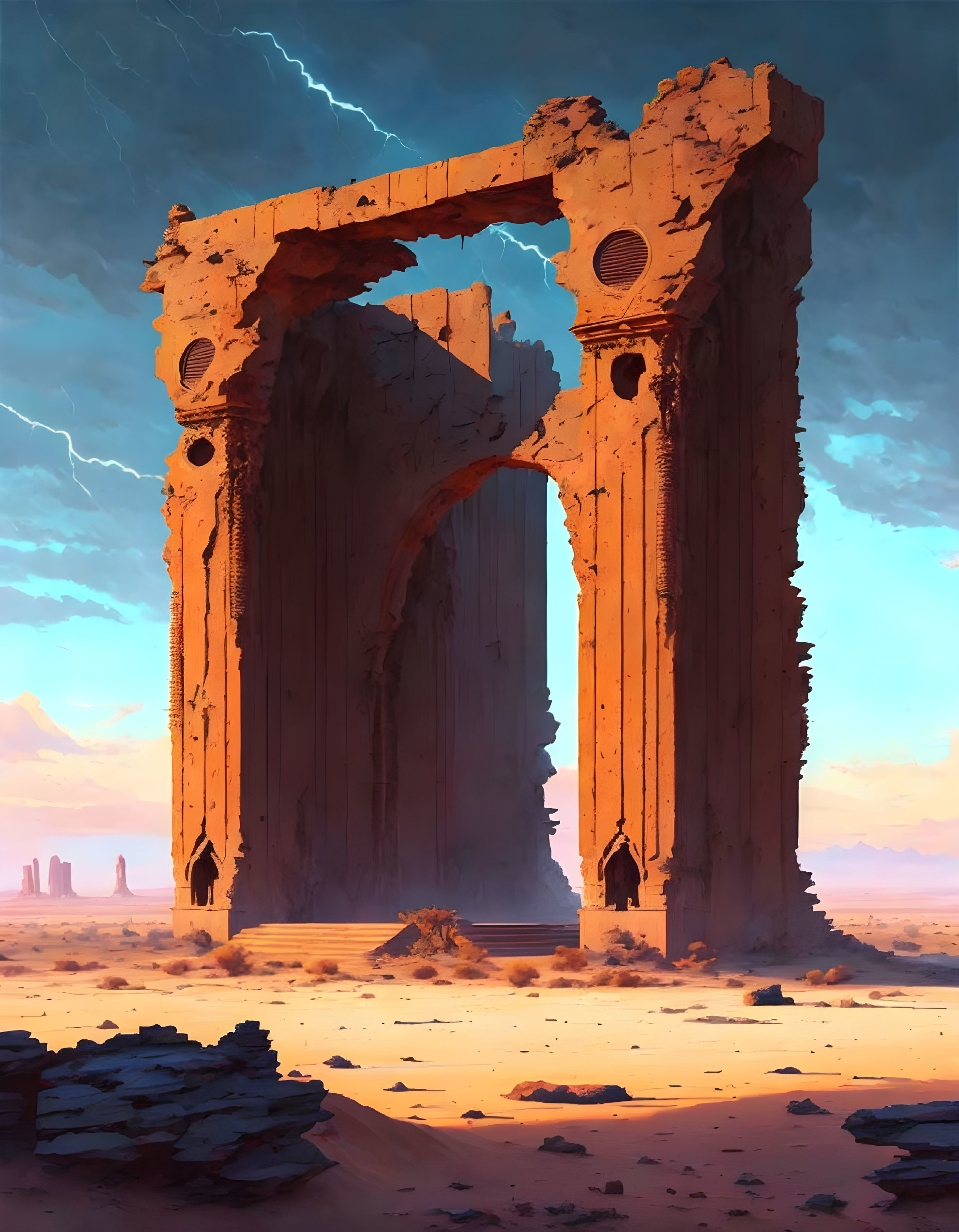 Weathered Stone Archway in Desert Under Dramatic Sky