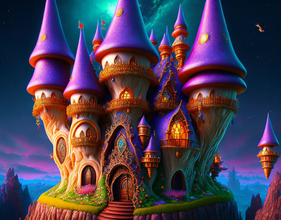 Enchanting fairy tale castle with spires and mushroom structures at twilight