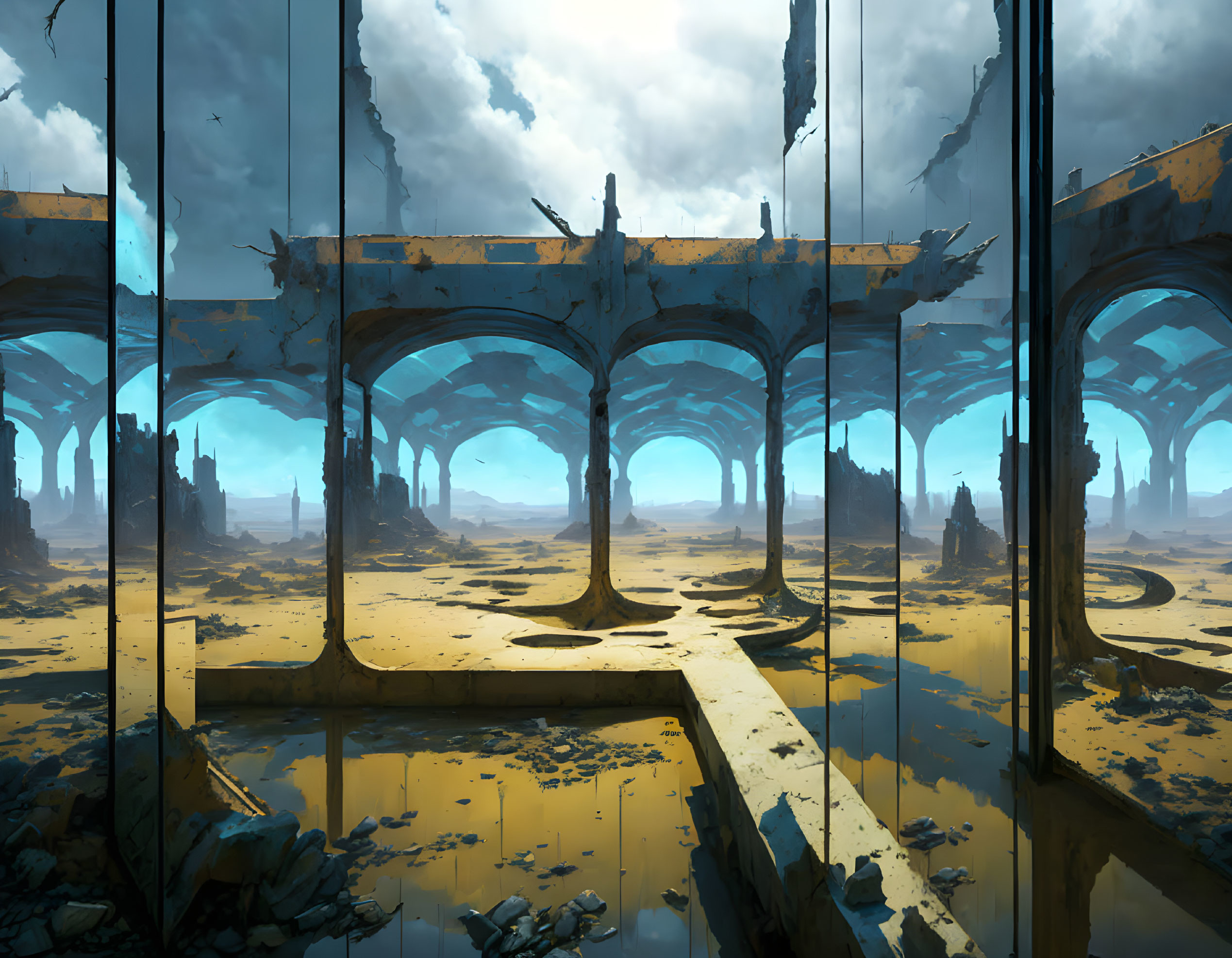 Desolate sandy landscape with ruined grand hall and shattered glass