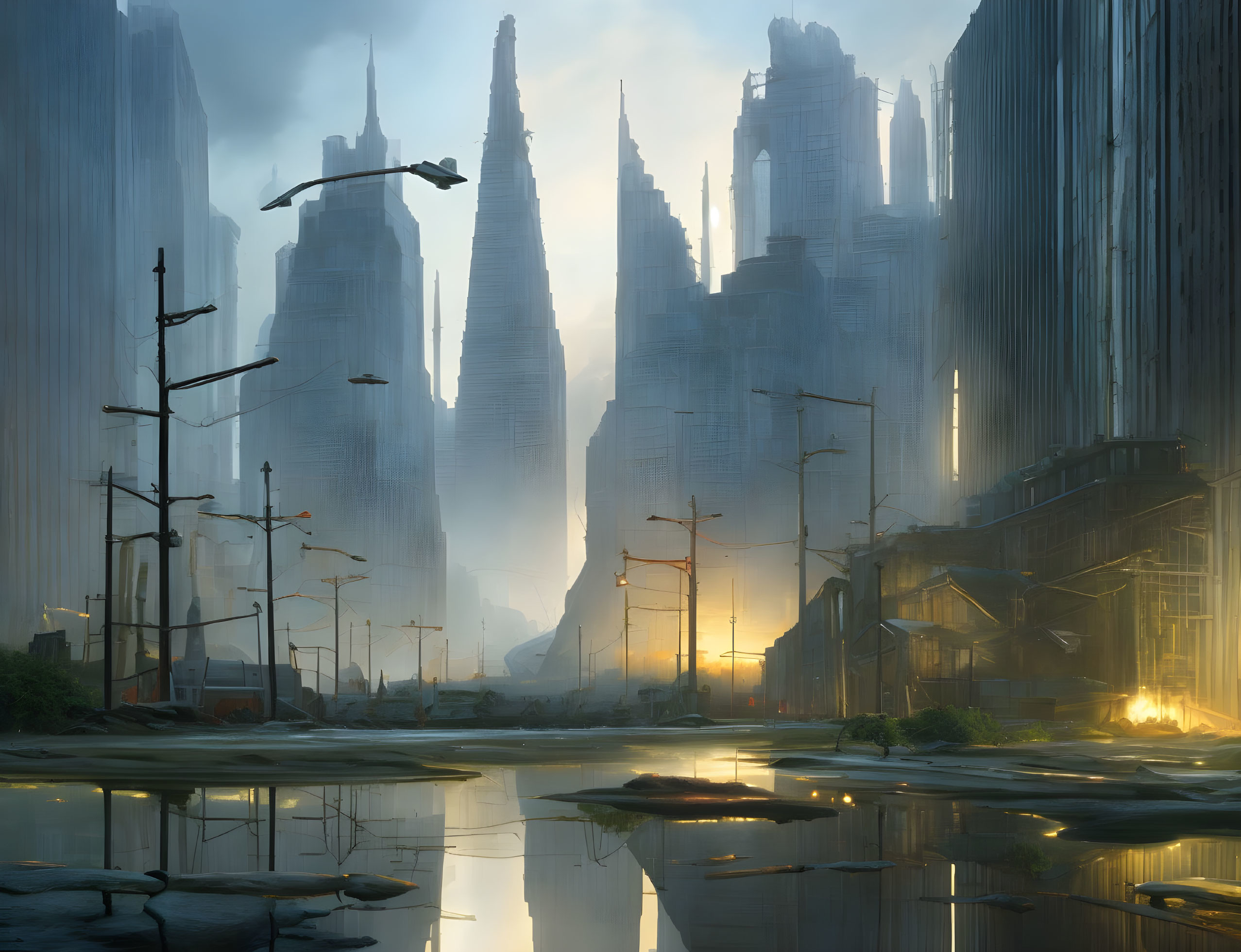 Futuristic cityscape with skyscrapers in fog and reflections on water puddles