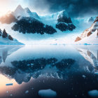 Snowy landscape with mountains reflected in icy lake under blue sky