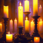 Assorted candle sizes on ornate candlesticks in dimly lit room