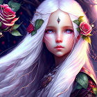 Fantasy illustration of figure with pale skin, white hair, third eye, pink roses, and vines