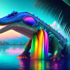 Colorful Alligator-Like Creatures by Water with City Skyline