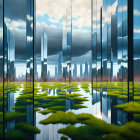 Futuristic cityscape with skyscrapers in fog and reflections on water puddles