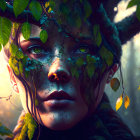 Close-Up Portrait of Person with Blue Eyes and Autumn Leaves Headdress