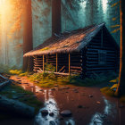 Tranquil forest landscape with moss-covered cabin and puddle-strewn path