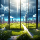 Futuristic glass room with panoramic city skyline views under stormy sky