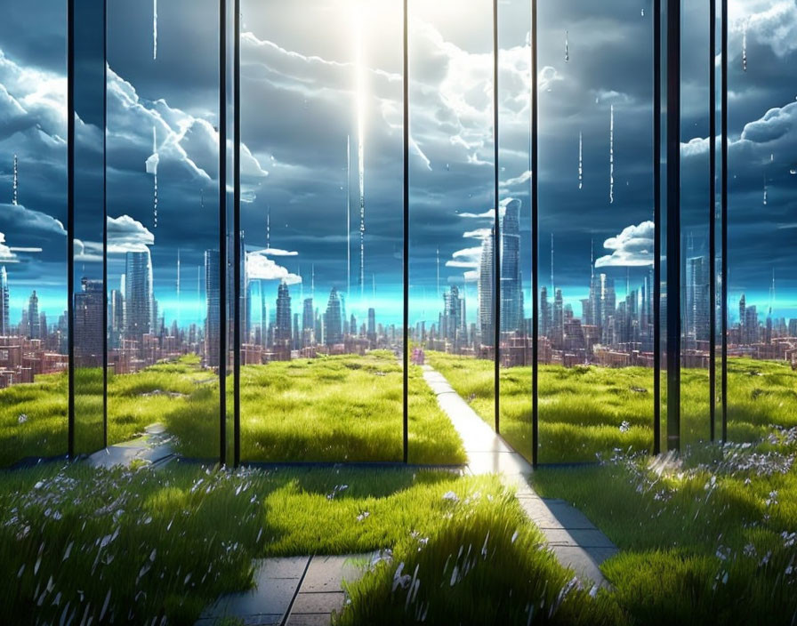 Futuristic glass building with grass floors in radiant cityscape