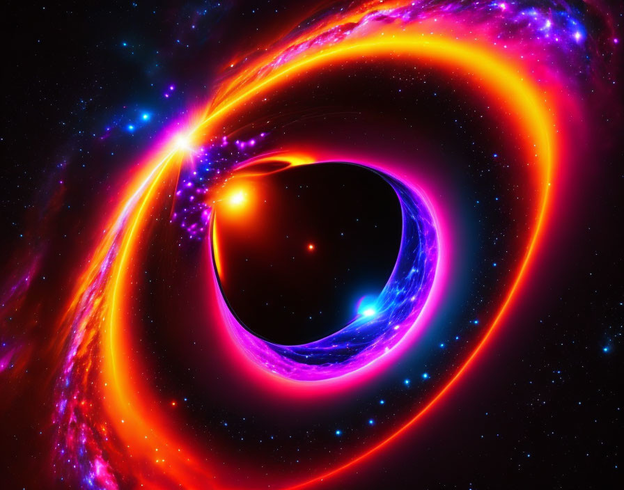 Colorful digital artwork featuring a vibrant black hole and cosmic phenomena