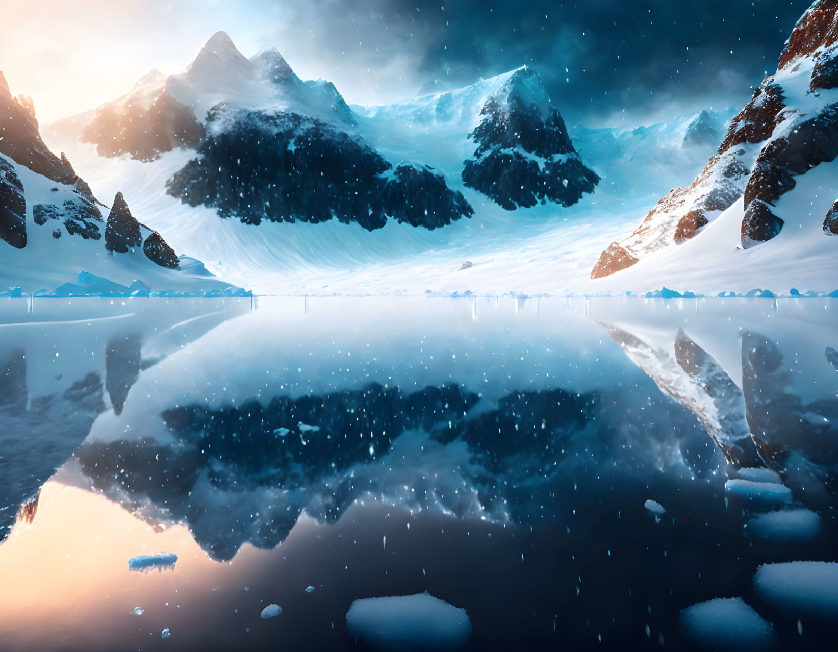 Snowy landscape with mountains reflected in icy lake under blue sky