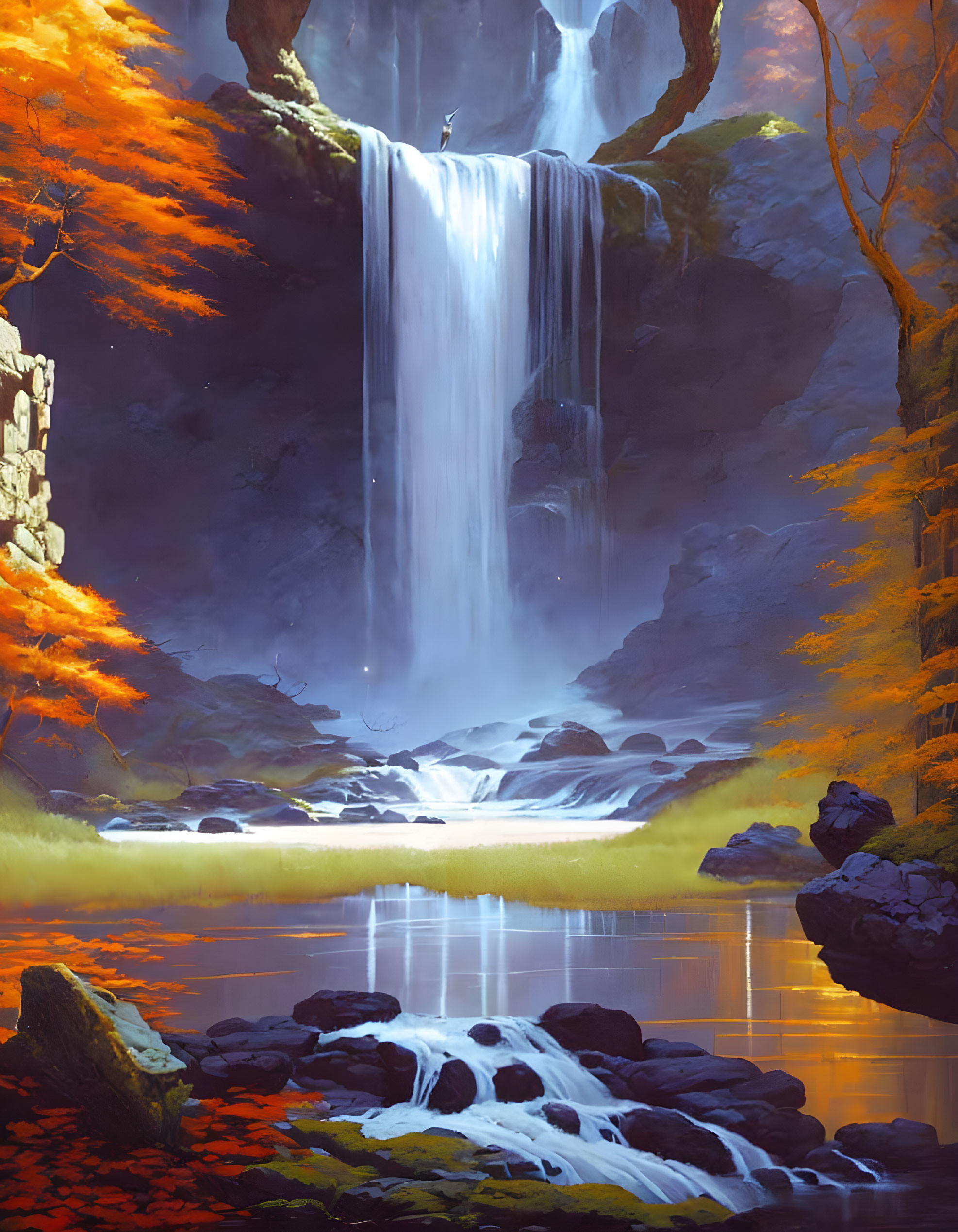 Majestic waterfall, serene lake, autumn foliage, ancient ruins, ethereal light