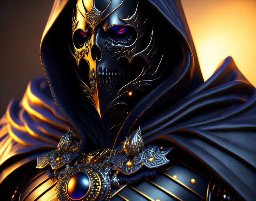 Detailed image: Stylized skull with golden accents, blue eyes, and luxurious cloak in warm light