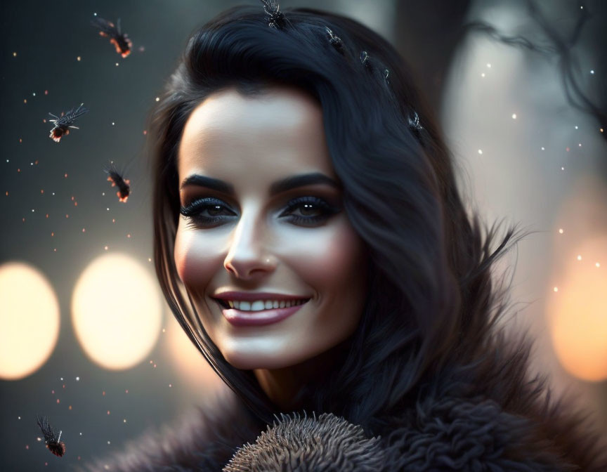 Smiling woman with dark hair surrounded by floating particles in warm light