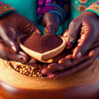 Wooden bowl with ground spices held over pot, traditional clothing detail in background