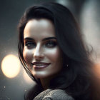 Smiling woman with dark hair surrounded by floating particles in warm light