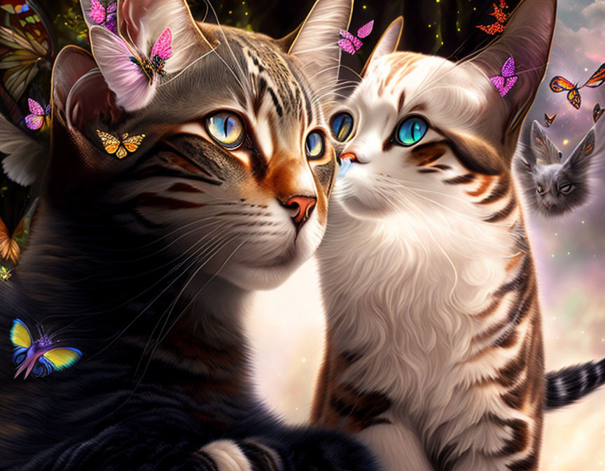 Detailed Animated Cats with Blue Eyes Surrounded by Butterflies