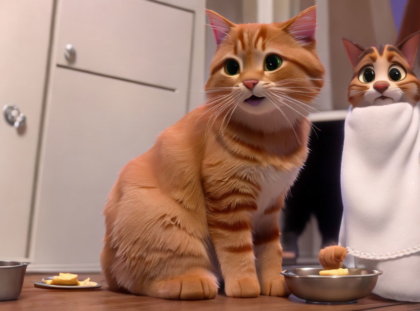 Two animated orange tabby cats in a kitchen, one standing alert and the other peeking shyly