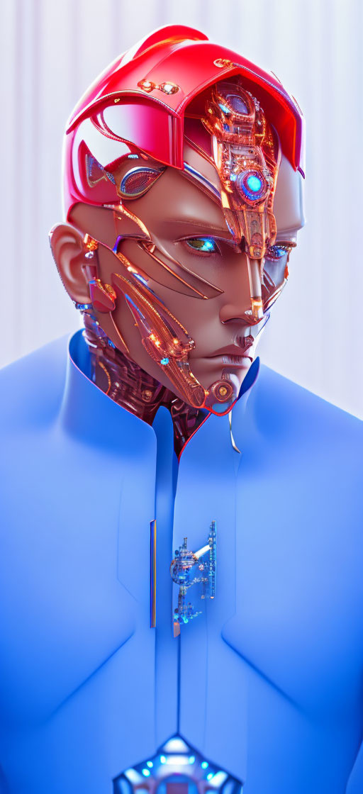 Futuristic humanoid robot with exposed mechanical head and glowing orange circuits in blue suit