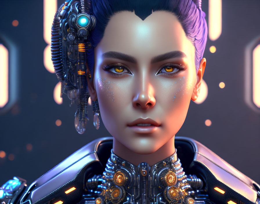 Futuristic female android with intricate headgear and metallic collar against dark background