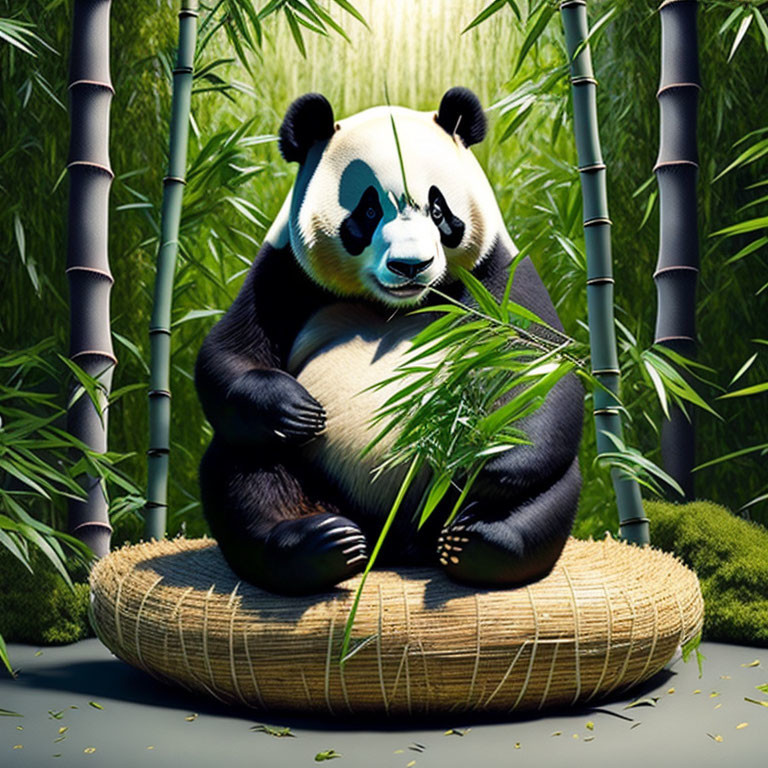 Panda Eating Bamboo Leaves on Woven Mat