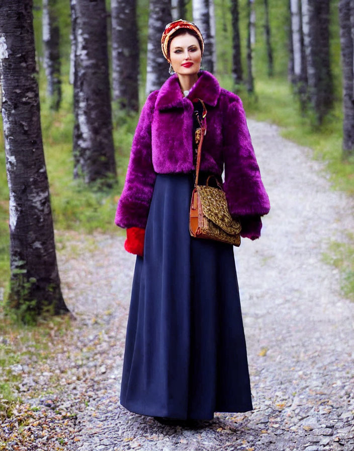 Woman in purple fur jacket, navy skirt, and red gloves on forest path