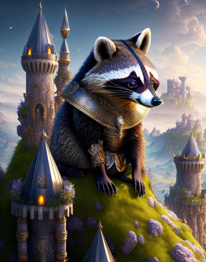 Armored raccoon on castle turret with moon and more castles in background