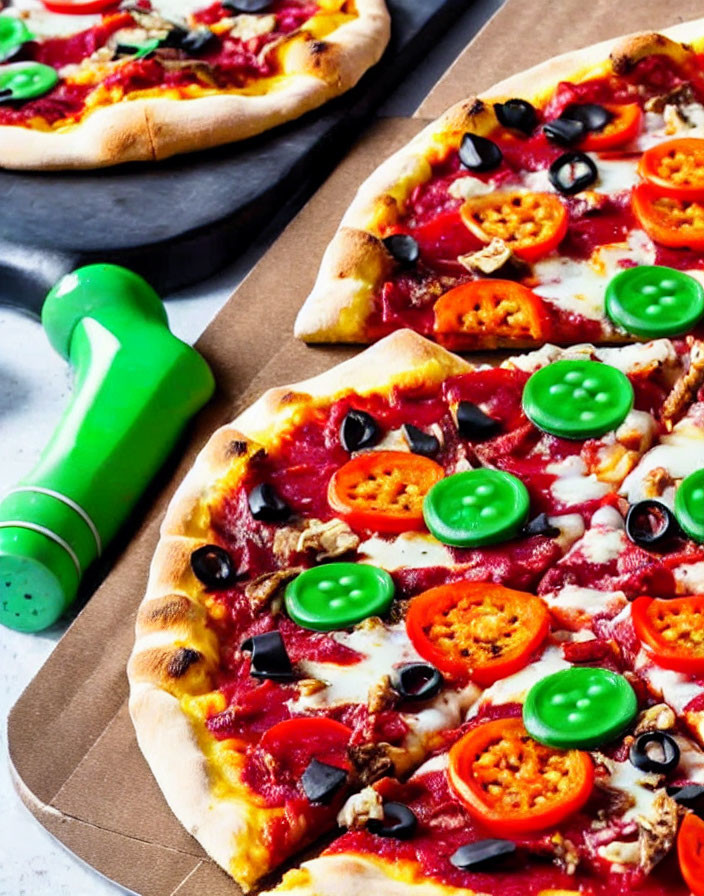 Vegetarian pizza slice with tomatoes, olives, and peppers on wooden board